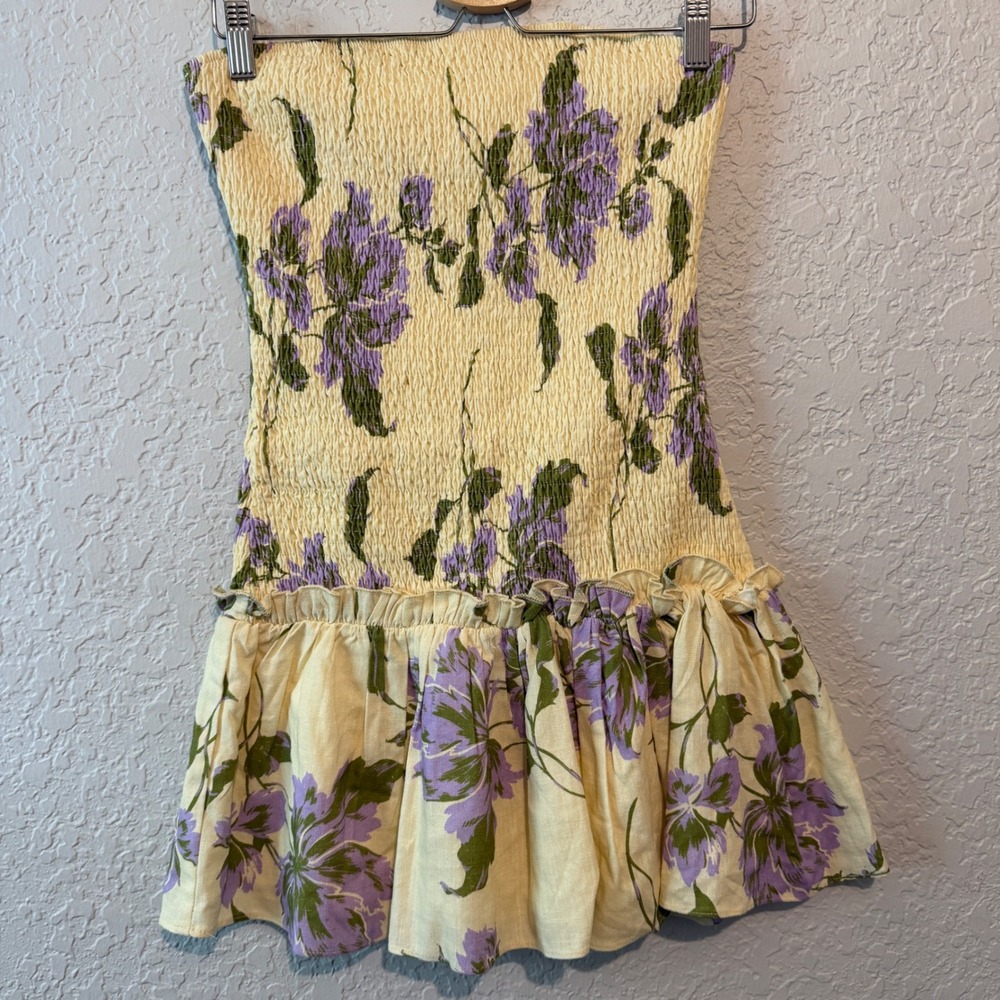 Peppermayo Floral Smocked Strapless Mini Dress Size 6 Yellow Purple Boho Summer - Picture 4 of 8